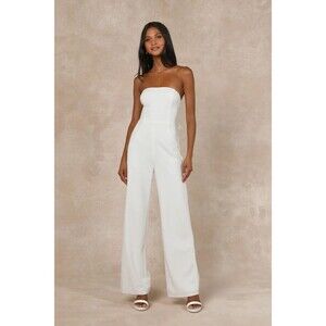 Lulus Marvelous Glow White Strapless Pearl Tie-Back Jumpsuit Bridal Size XS